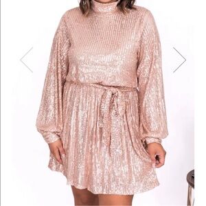 Pink Lily Women’s Rose Gold Sequin Mock Neck Mini Dress. Size Medium